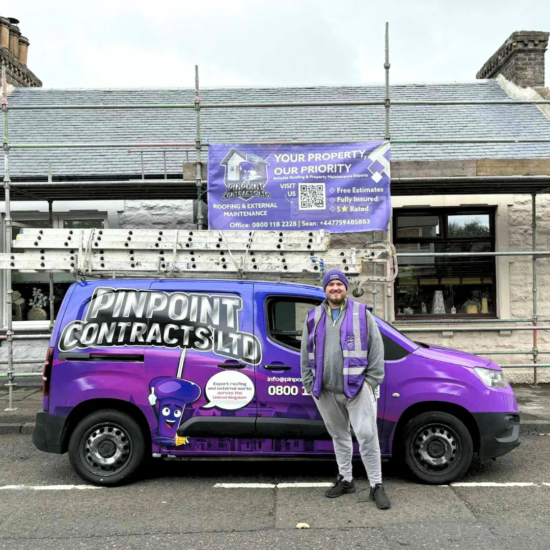 Pinpoint Contracts branded roofing van and team member in Falkirk & Glasgow